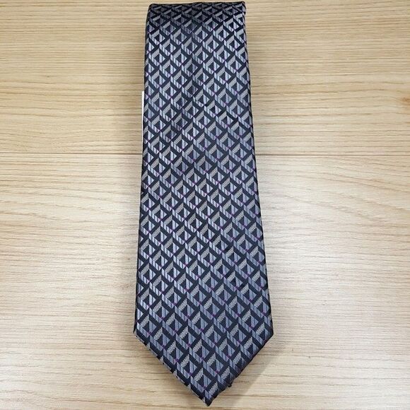 PERRY ELLIS Mens Neck Tie Black Silver Geometric Diamond Modern Classic - Picture 2 of 6